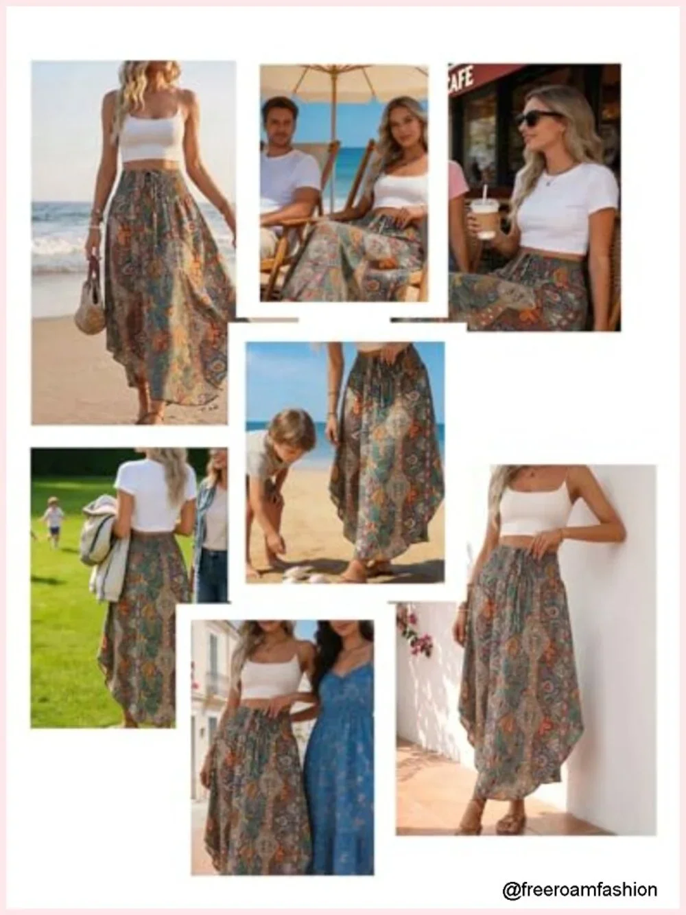 Boho Maxi Skirt High Waist Pleated Flowy A-Line Floral Summer Beach Vacation